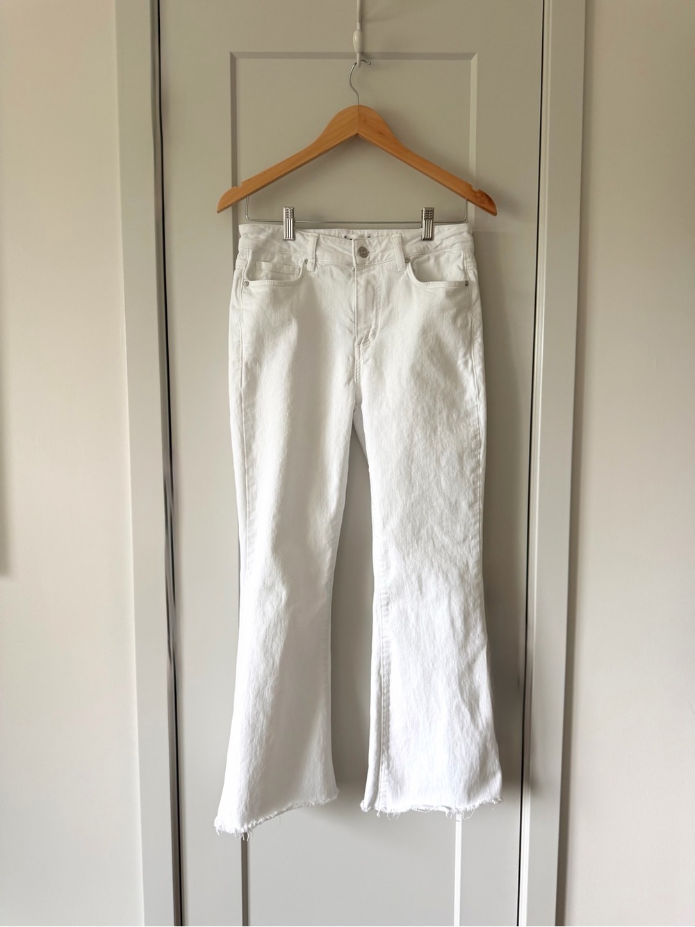 PAIGE High Rise Laurel Canyon White Cropped Bootcut Raw Hem Jeans